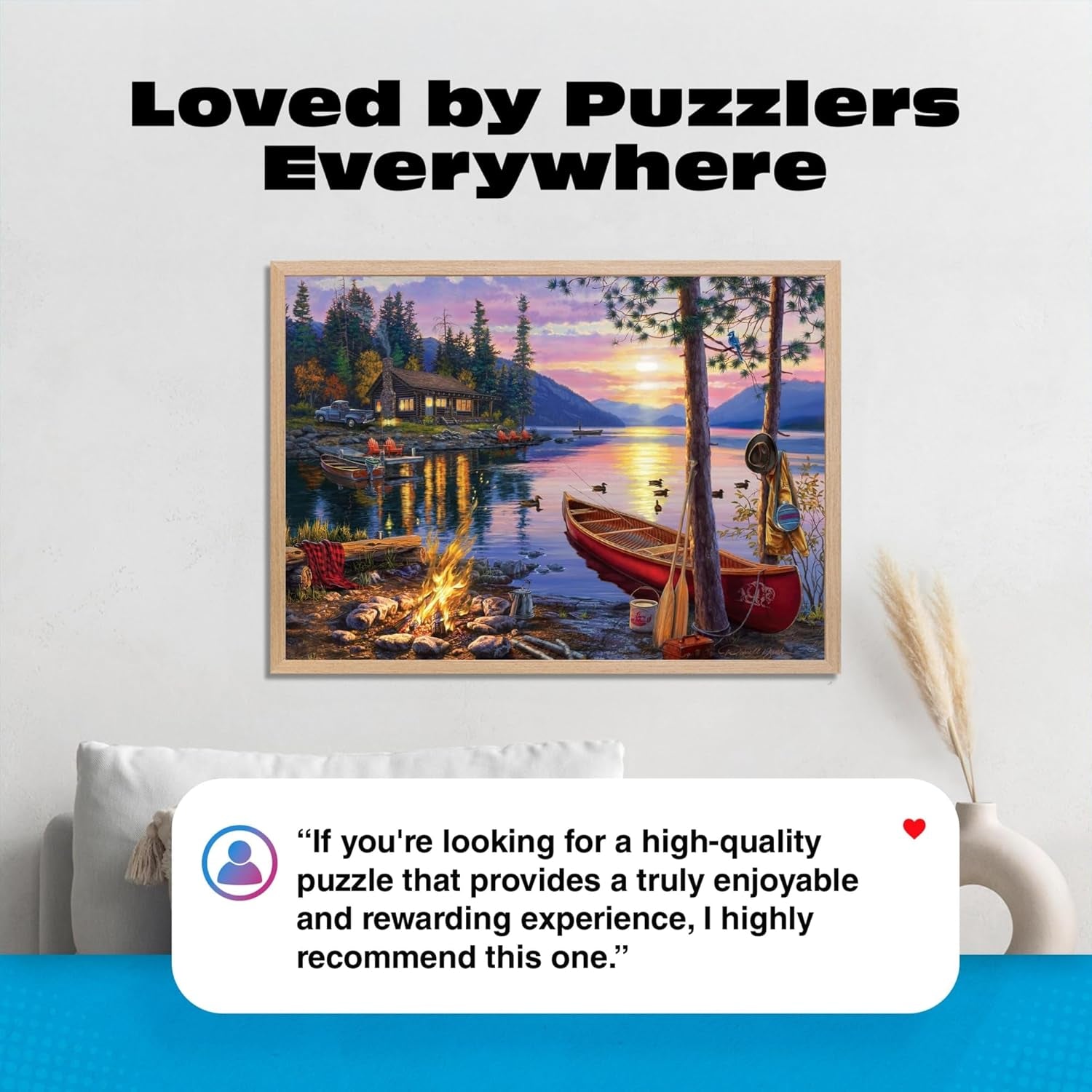 - Canoe Lake 1000 Piece Puzzle- Jigsaw Puzzles – Darrell Bush Cabin Sunset with Poster – Challenging Outdoor Nature Scene