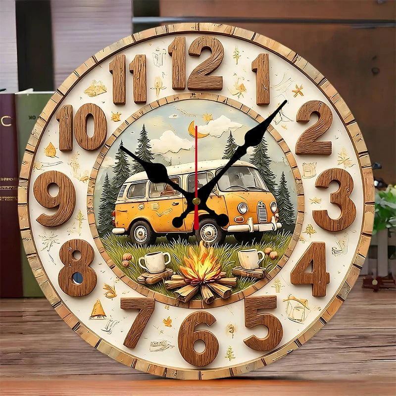 Vintage Camper Van Silent Wooden Wall Clock