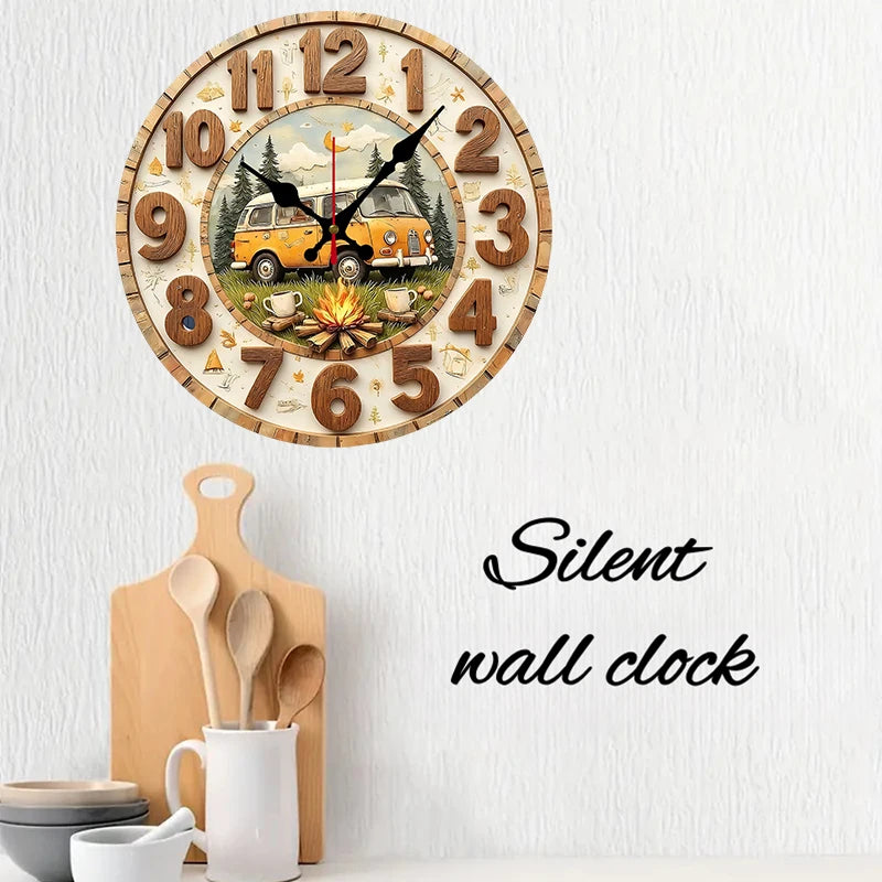 Vintage Camper Van Silent Wooden Wall Clock