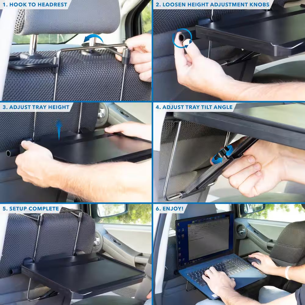 Height Adjustable Steering Wheel & Headrest Laptop Tray | Ergonomic Mobile Car Desk