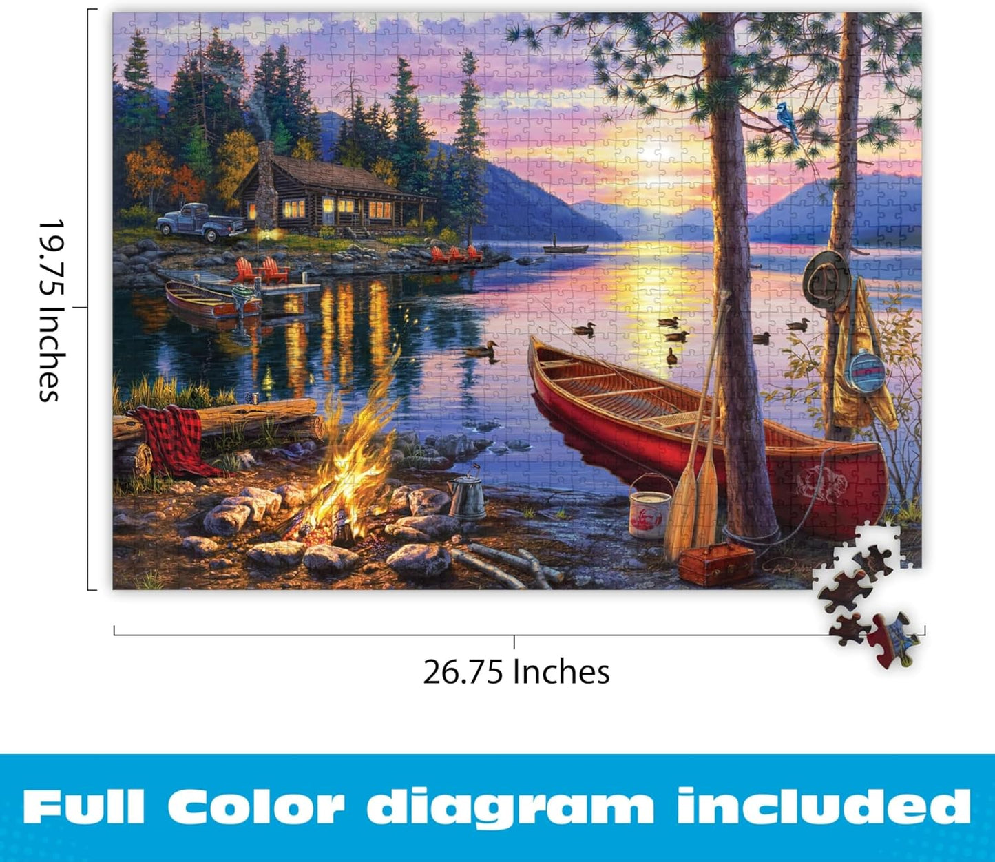 - Canoe Lake 1000 Piece Puzzle- Jigsaw Puzzles – Darrell Bush Cabin Sunset with Poster – Challenging Outdoor Nature Scene