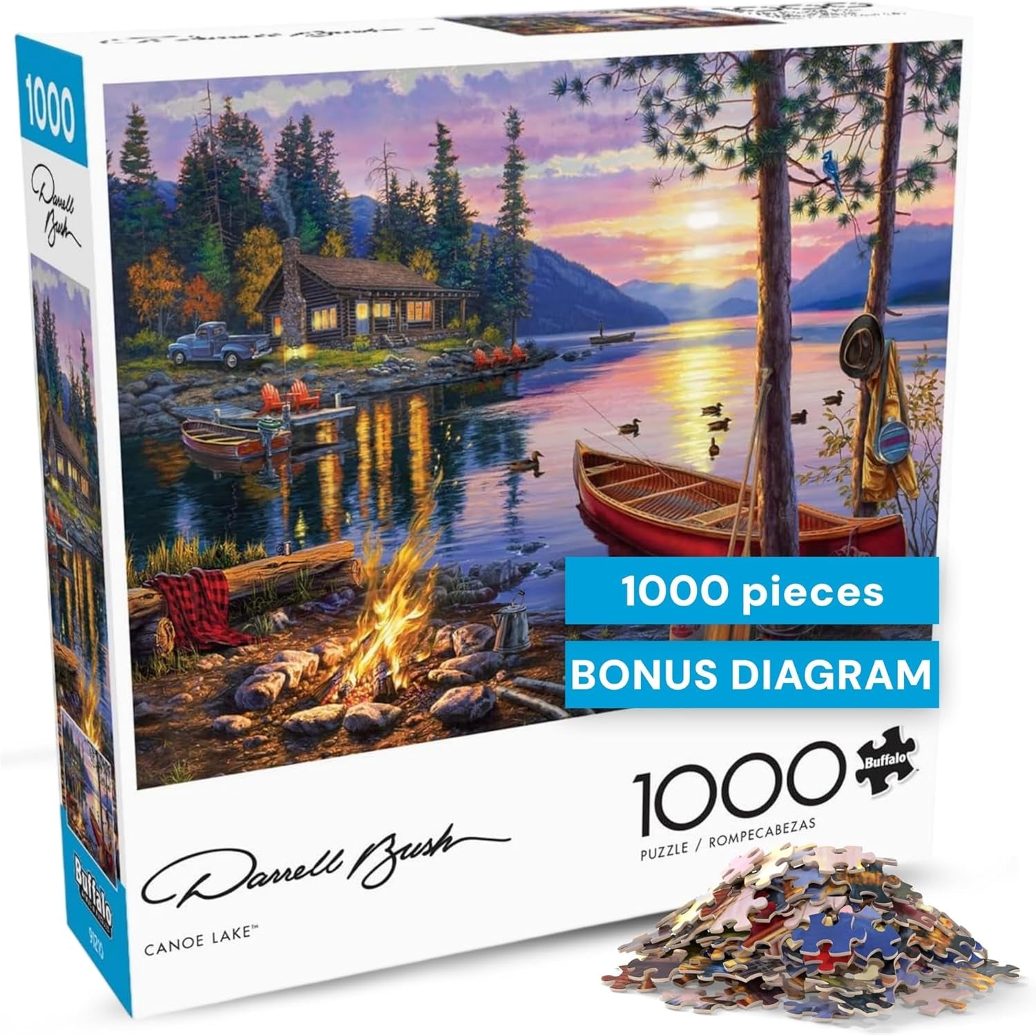 - Canoe Lake 1000 Piece Puzzle- Jigsaw Puzzles – Darrell Bush Cabin Sunset with Poster – Challenging Outdoor Nature Scene