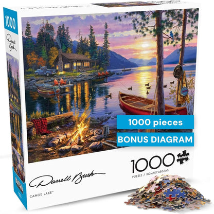 - Canoe Lake 1000 Piece Puzzle- Jigsaw Puzzles – Darrell Bush Cabin Sunset with Poster – Challenging Outdoor Nature Scene