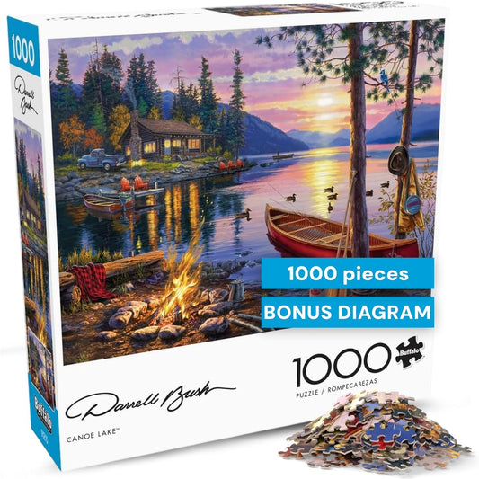 - Canoe Lake 1000 Piece Puzzle- Jigsaw Puzzles – Darrell Bush Cabin Sunset with Poster – Challenging Outdoor Nature Scene