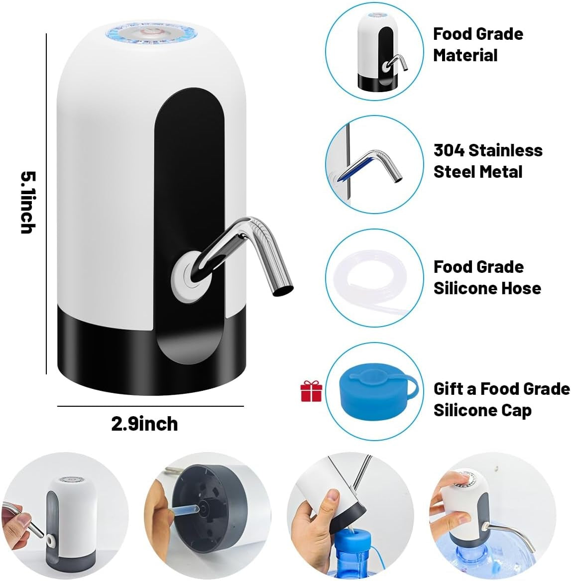 Portable USB Rechargeable Electric Water Pump for 3-5 Gallon Jugs