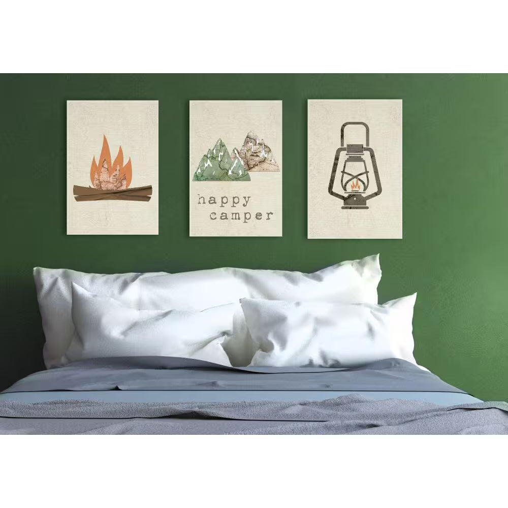"Happy Camper" Mountains & Lantern 3-Piece Wood Wall Art | Rustic 10x15" Camper Decor
