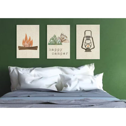 "Happy Camper" Mountains & Lantern 3-Piece Wood Wall Art | Rustic 10x15" Camper Decor