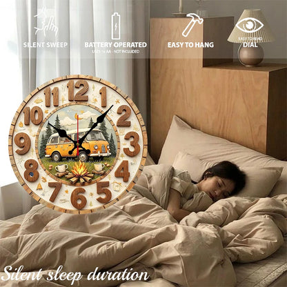 Vintage Camper Van Silent Wooden Wall Clock