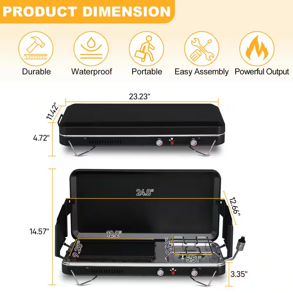 2-Burner Portable Tabletop Propane Gas Grill | RV & Camper Camp Stove (Black)