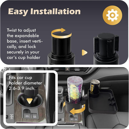 3-in-1 Car Cup Holder Expander & 10.5" Food Tray | 360° Rotating Mobile Dining Table
