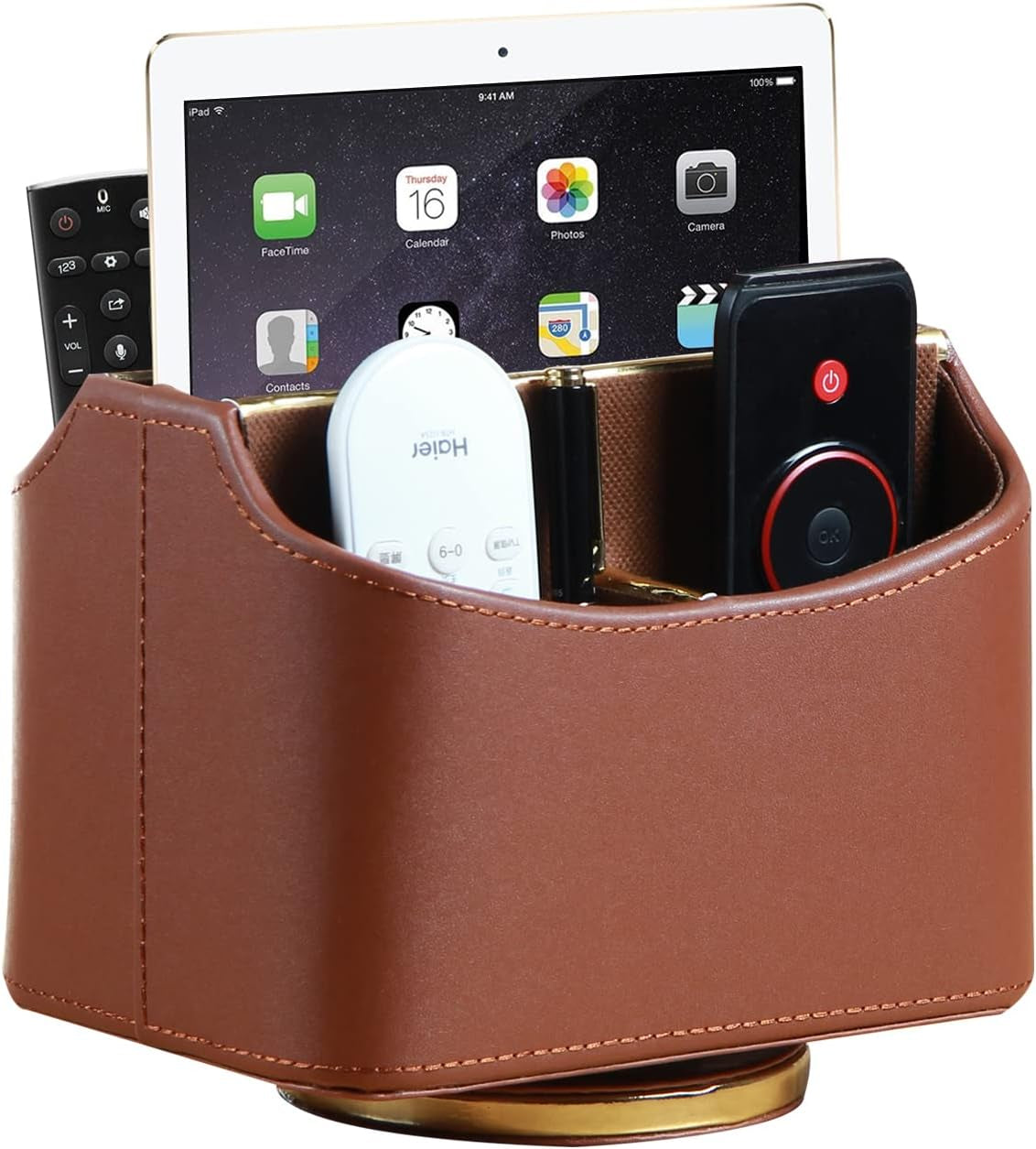 360° Rotating Leather Remote Control Caddy | RV & Camper Tabletop Organizer
