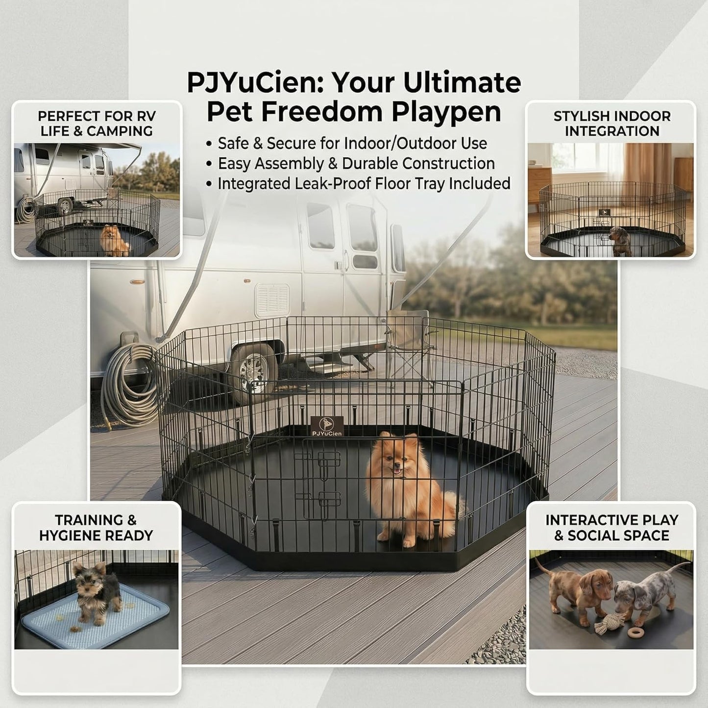 Happy Camper Portable Pet Playpen – Foldable 8-Panel Exercise Pen with Waterproof Base