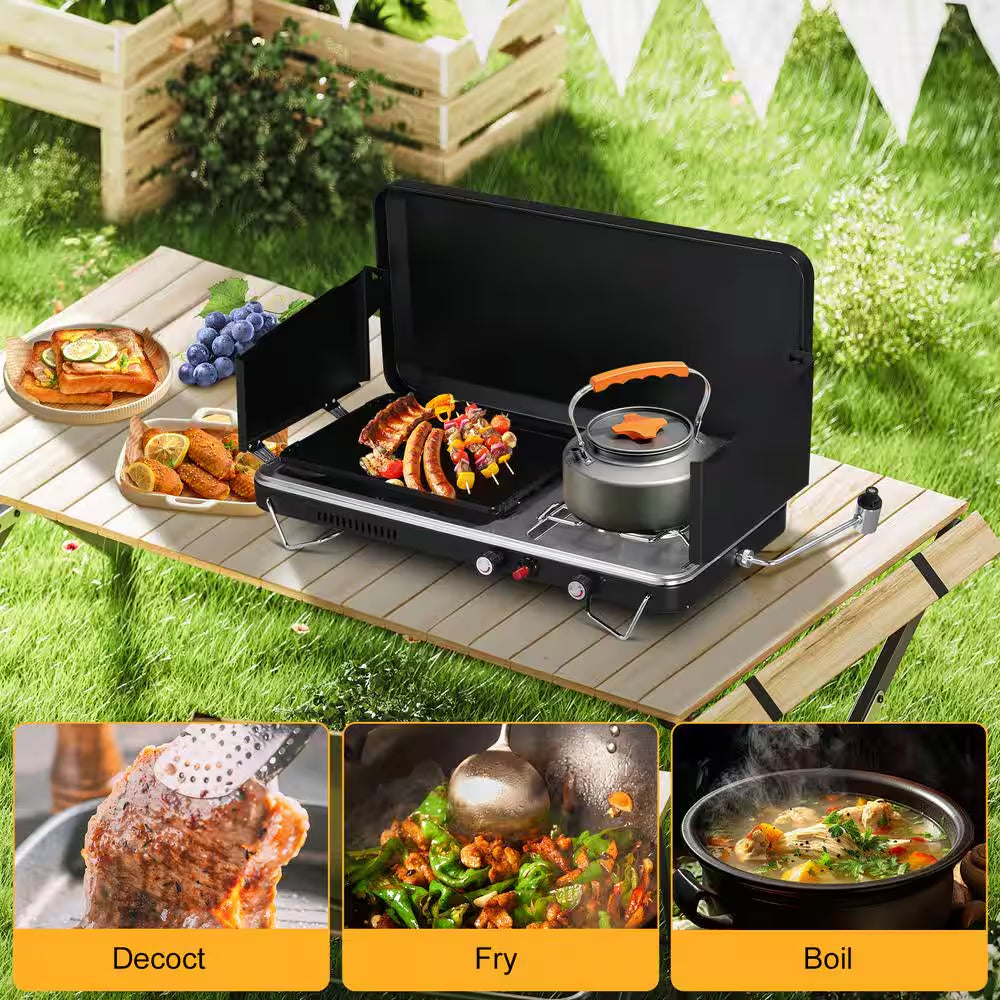 2-Burner Portable Tabletop Propane Gas Grill | RV & Camper Camp Stove (Black)