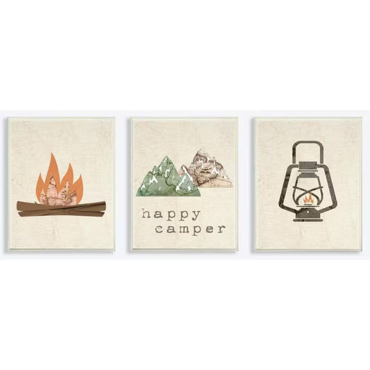 "Happy Camper" Mountains & Lantern 3-Piece Wood Wall Art | Rustic 10x15" Camper Decor