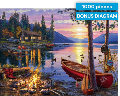 - Canoe Lake 1000 Piece Puzzle- Jigsaw Puzzles – Darrell Bush Cabin Sunset with Poster – Challenging Outdoor Nature Scene
