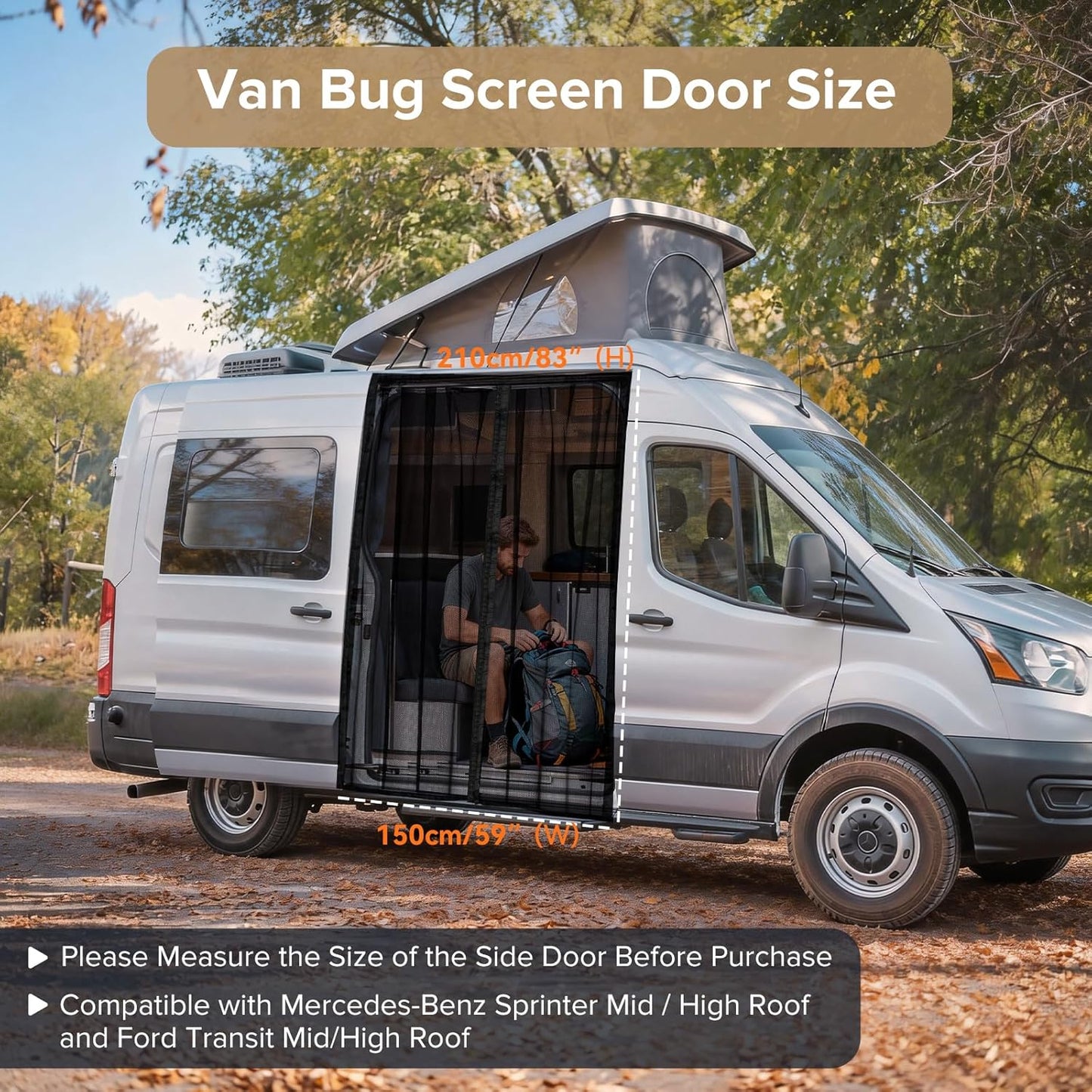 Van Bug Screen with Strong Magnetic Fixation and Closure, Sliding Van Door Curtain Fits Mercedes Sprinter Mid/High Roof & Ford Transit Mid/High Roof, Easy to Install and Remove, 83"(H) X 59"(W)
