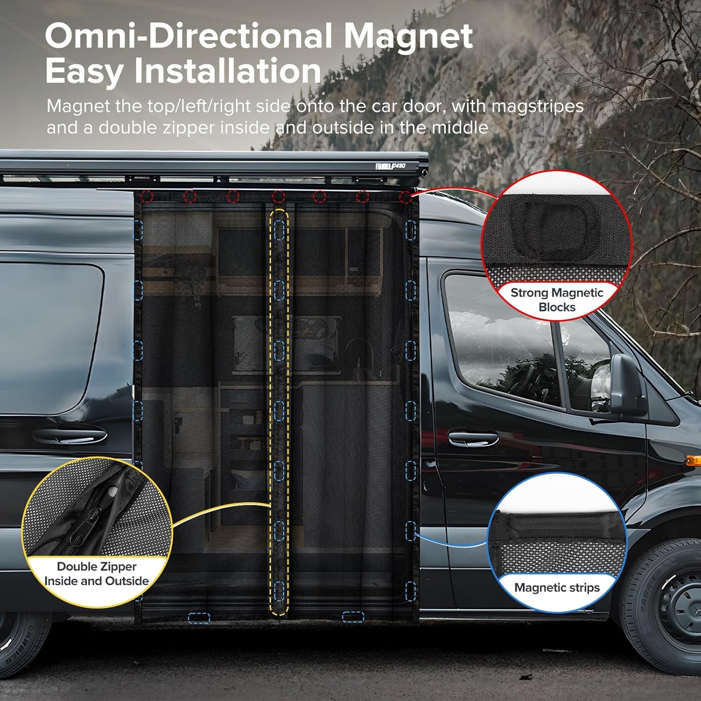 Van Bug Screen with Strong Magnetic Fixation and Closure, Sliding Van Door Curtain Fits Mercedes Sprinter Mid/High Roof & Ford Transit Mid/High Roof, Easy to Install and Remove, 83"(H) X 59"(W)