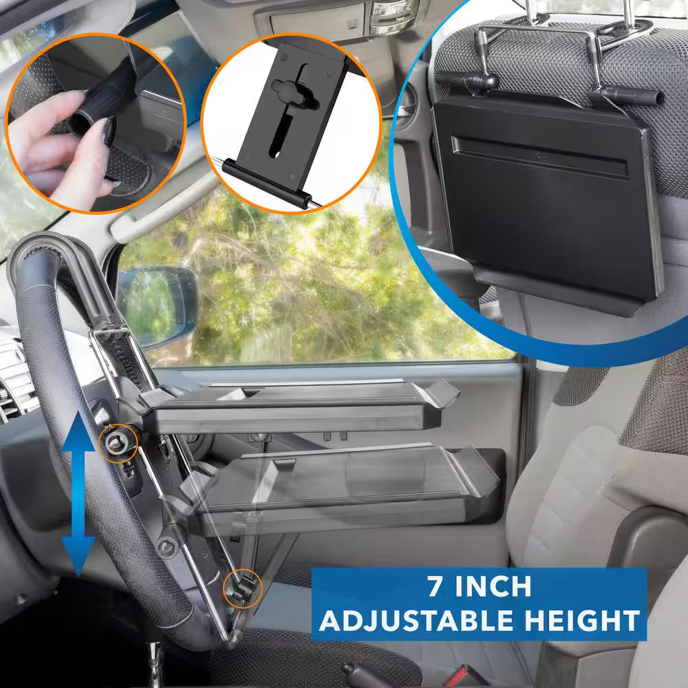 Height Adjustable Steering Wheel & Headrest Laptop Tray | Ergonomic Mobile Car Desk