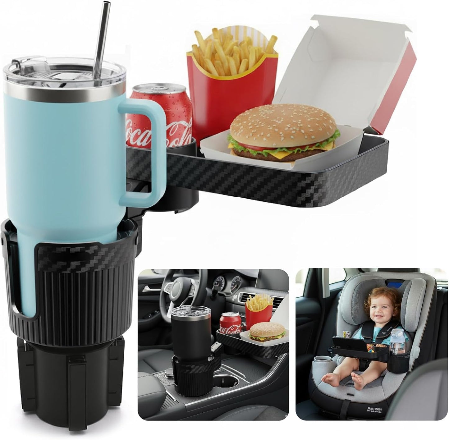 3-in-1 Car Cup Holder Expander & 10.5" Food Tray | 360° Rotating Mobile Dining Table