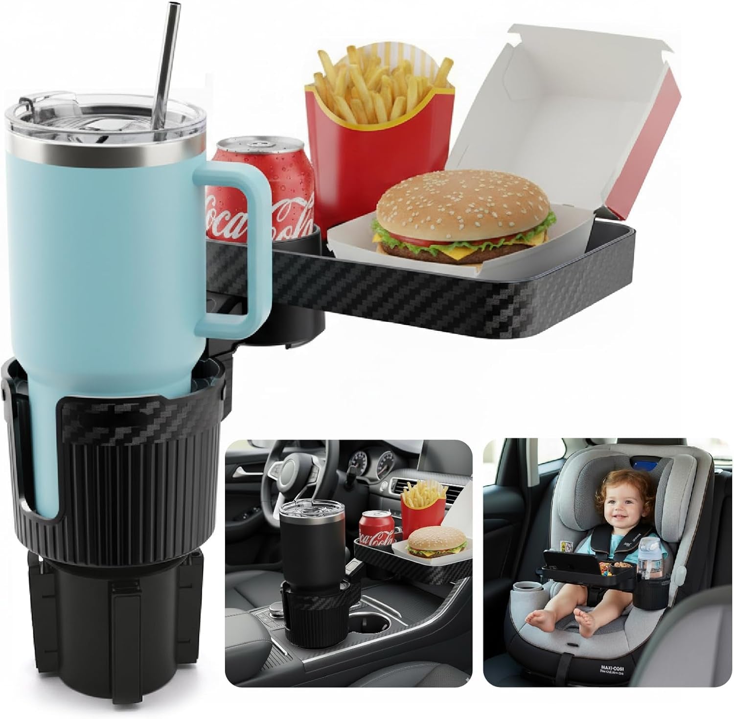 3-in-1 Car Cup Holder Expander & 10.5" Food Tray | 360° Rotating Mobile Dining Table