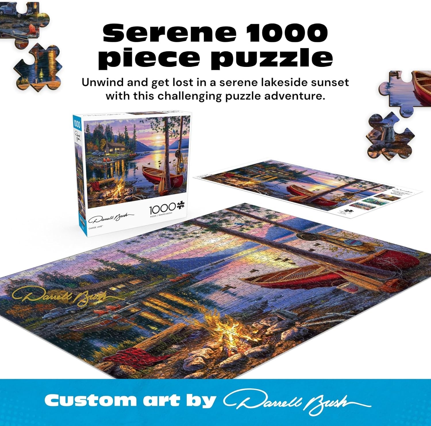 - Canoe Lake 1000 Piece Puzzle- Jigsaw Puzzles – Darrell Bush Cabin Sunset with Poster – Challenging Outdoor Nature Scene