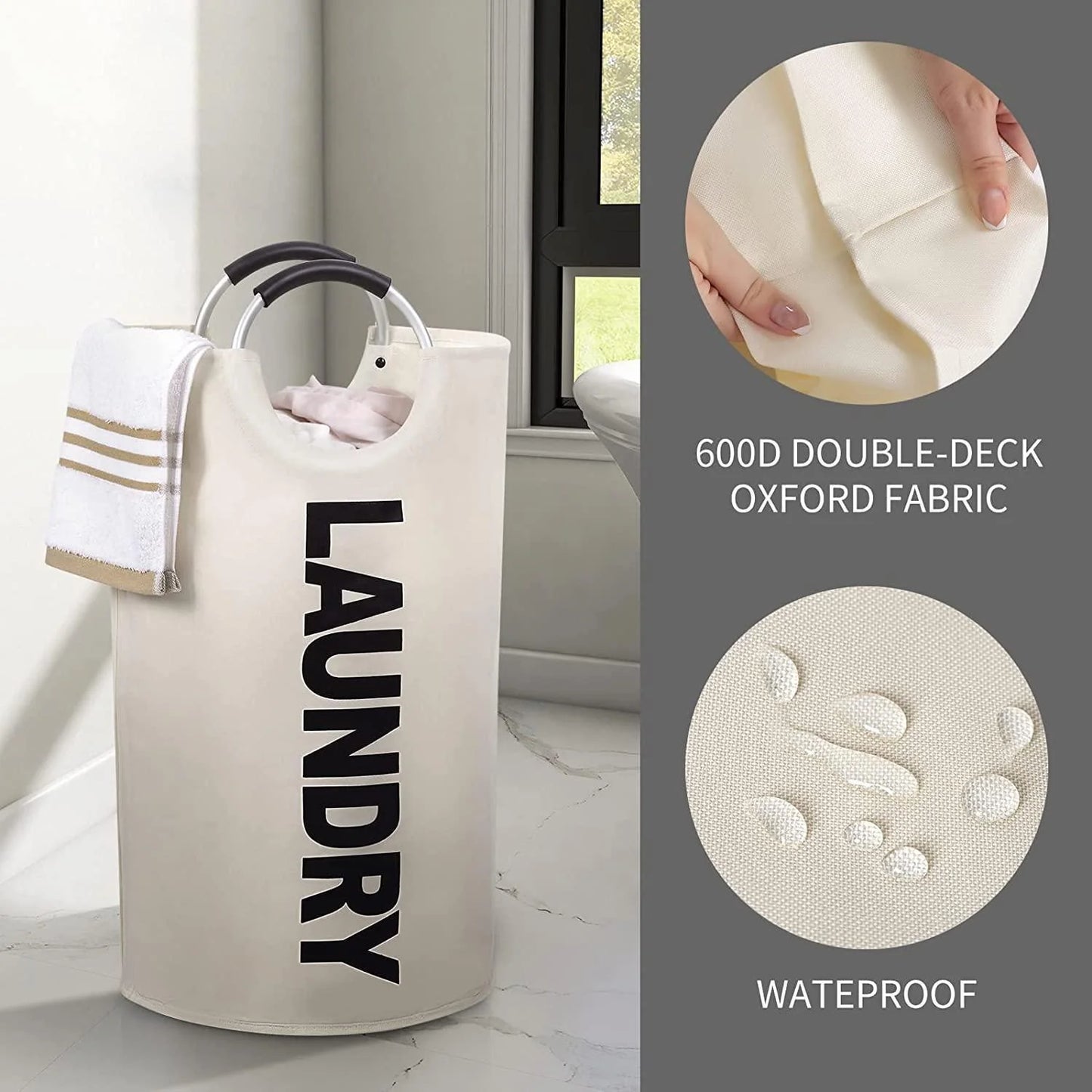 82L Collapsible Laundry Hamper | Waterproof Freestanding Basket for RVs & Van Life (Beige)