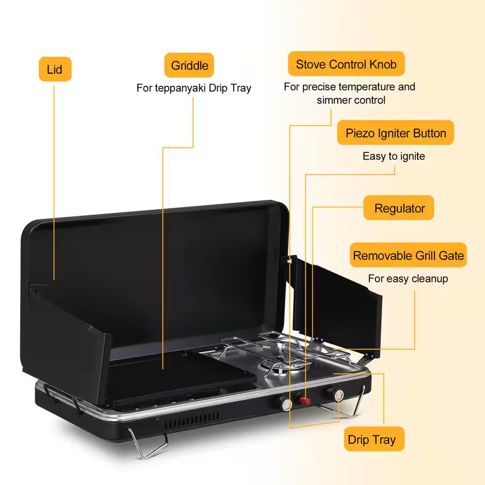 2-Burner Portable Tabletop Propane Gas Grill | RV & Camper Camp Stove (Black)
