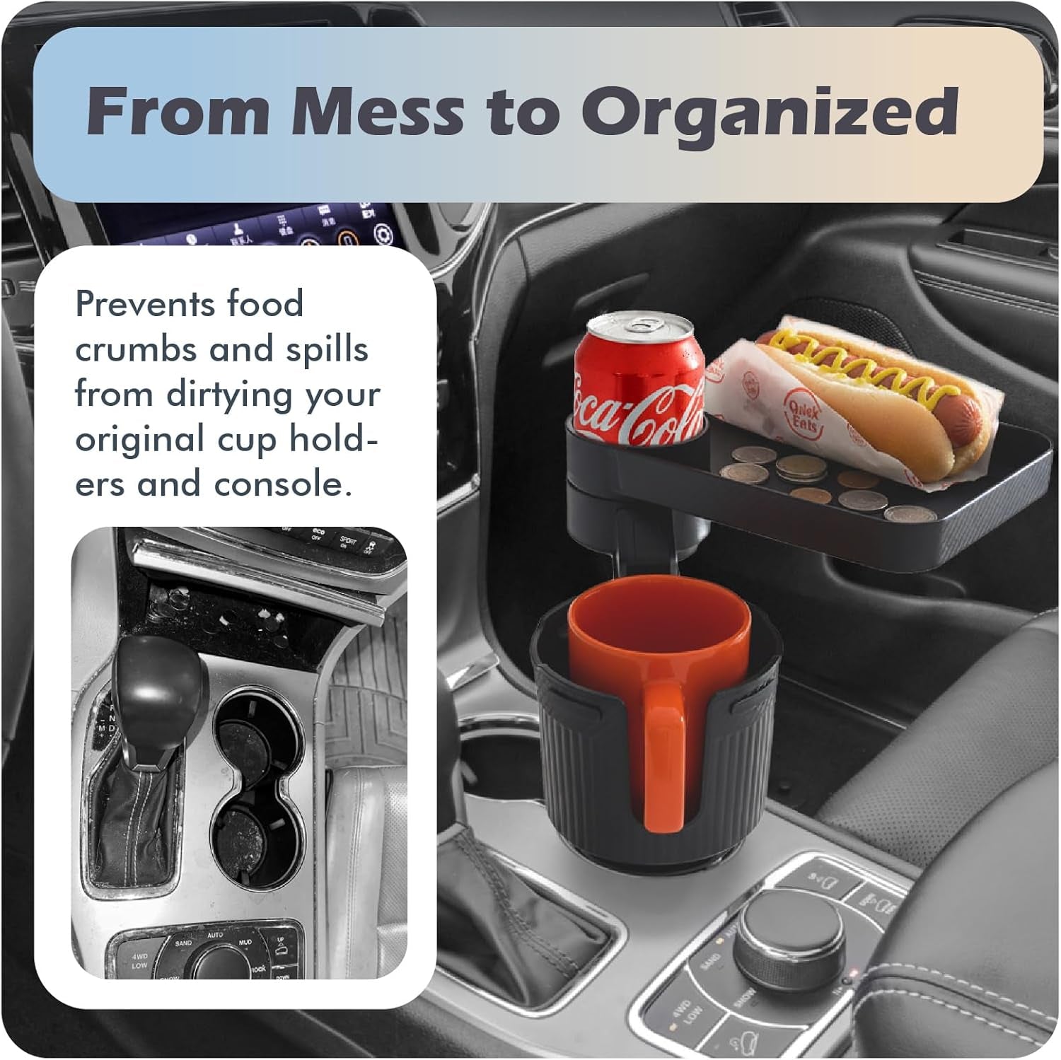 3-in-1 Car Cup Holder Expander & 10.5" Food Tray | 360° Rotating Mobile Dining Table