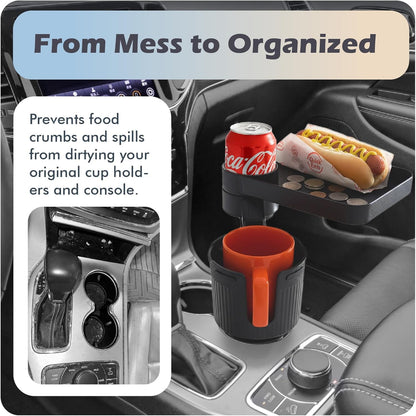 3-in-1 Car Cup Holder Expander & 10.5" Food Tray | 360° Rotating Mobile Dining Table