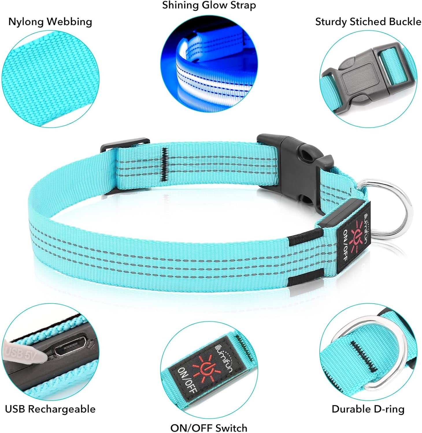 USB Rechargeable LED Light-Up Dog Collar | Reflective High-Visibility Pet Safety Gear