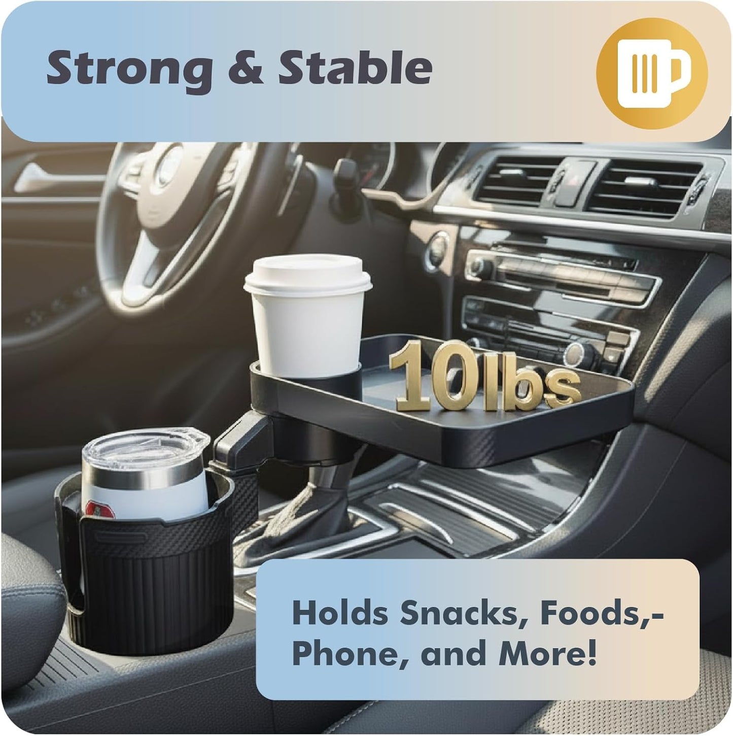 3-in-1 Car Cup Holder Expander & 10.5" Food Tray | 360° Rotating Mobile Dining Table