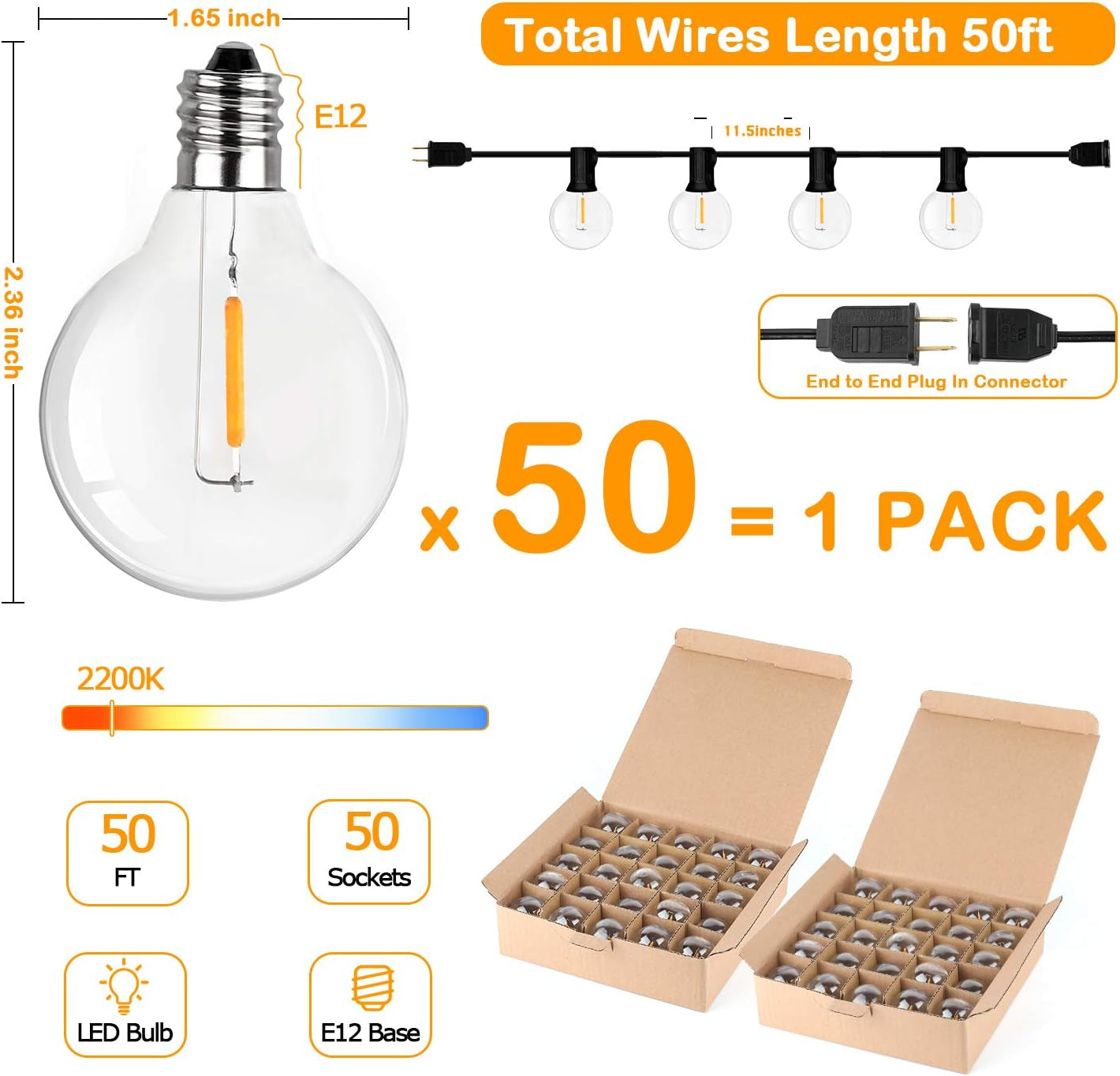 50-Foot Shatterproof LED Globe String Lights | Dimmable Camp & Awning Bistro Lights