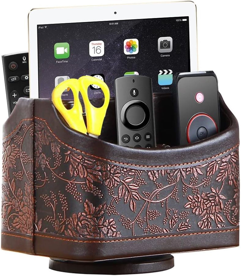 360° Rotating Leather Remote Control Caddy | RV & Camper Tabletop Organizer
