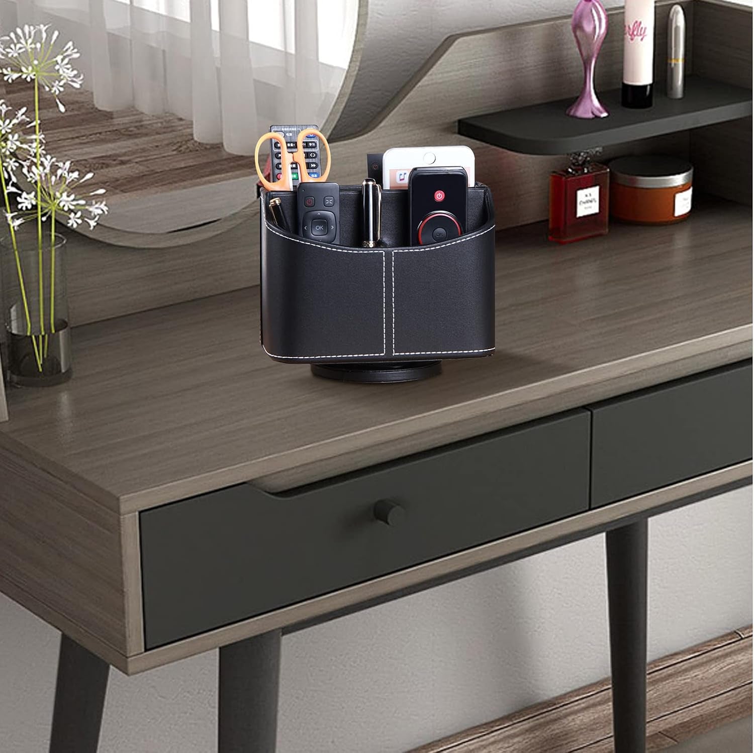 360° Rotating Leather Remote Control Caddy | RV & Camper Tabletop Organizer