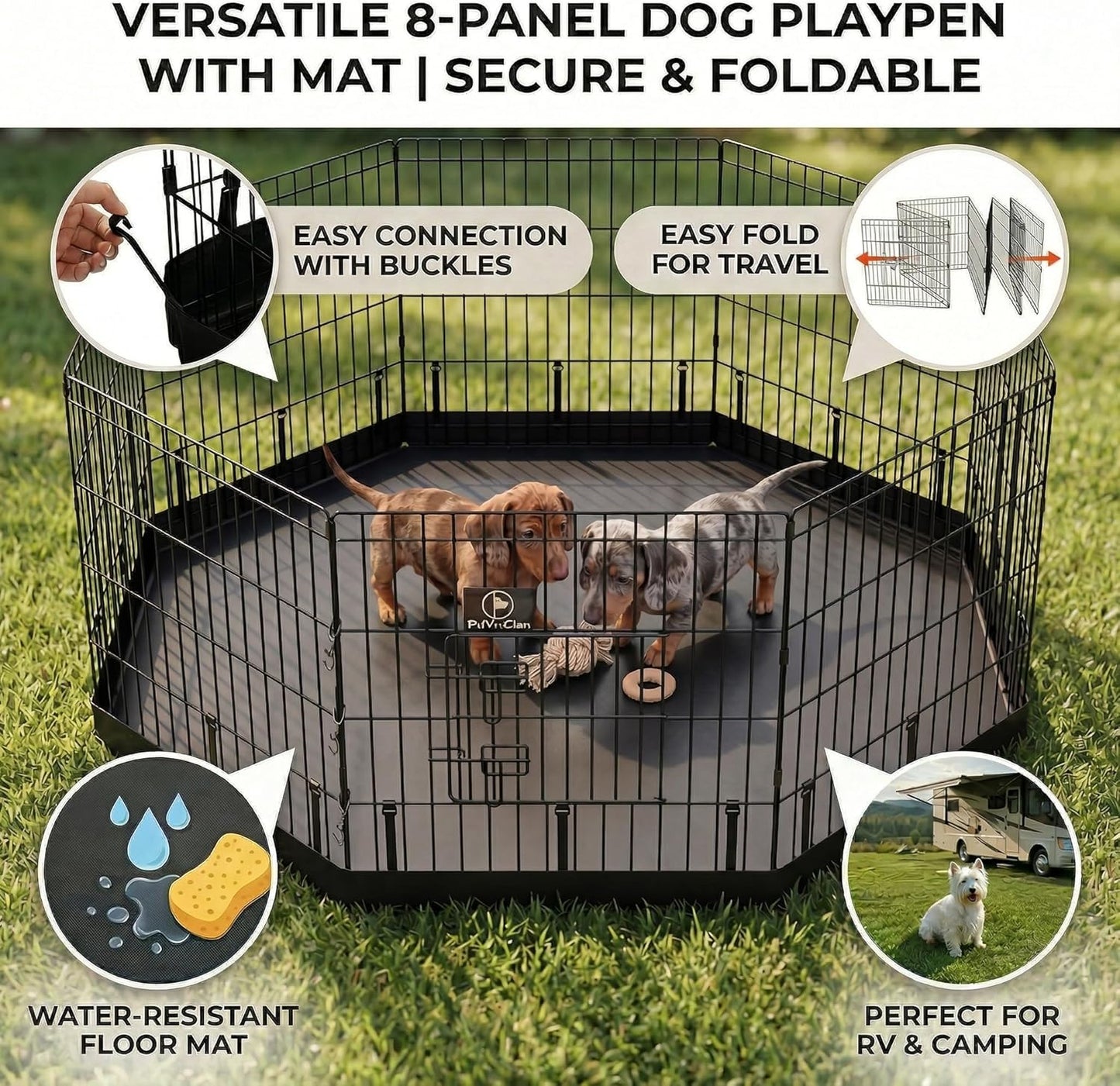 Happy Camper Portable Pet Playpen – Foldable 8-Panel Exercise Pen with Waterproof Base