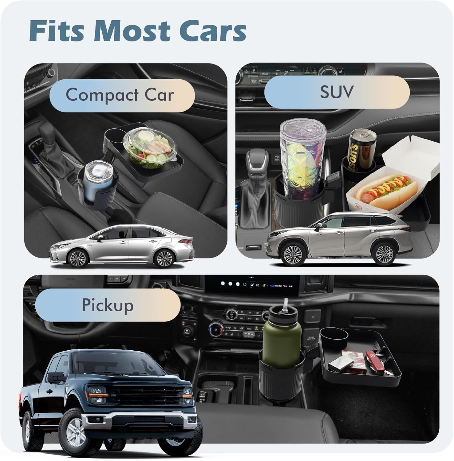 3-in-1 Car Cup Holder Expander & 10.5" Food Tray | 360° Rotating Mobile Dining Table