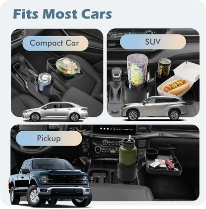 3-in-1 Car Cup Holder Expander & 10.5" Food Tray | 360° Rotating Mobile Dining Table
