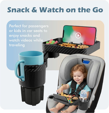 3-in-1 Car Cup Holder Expander & 10.5" Food Tray | 360° Rotating Mobile Dining Table